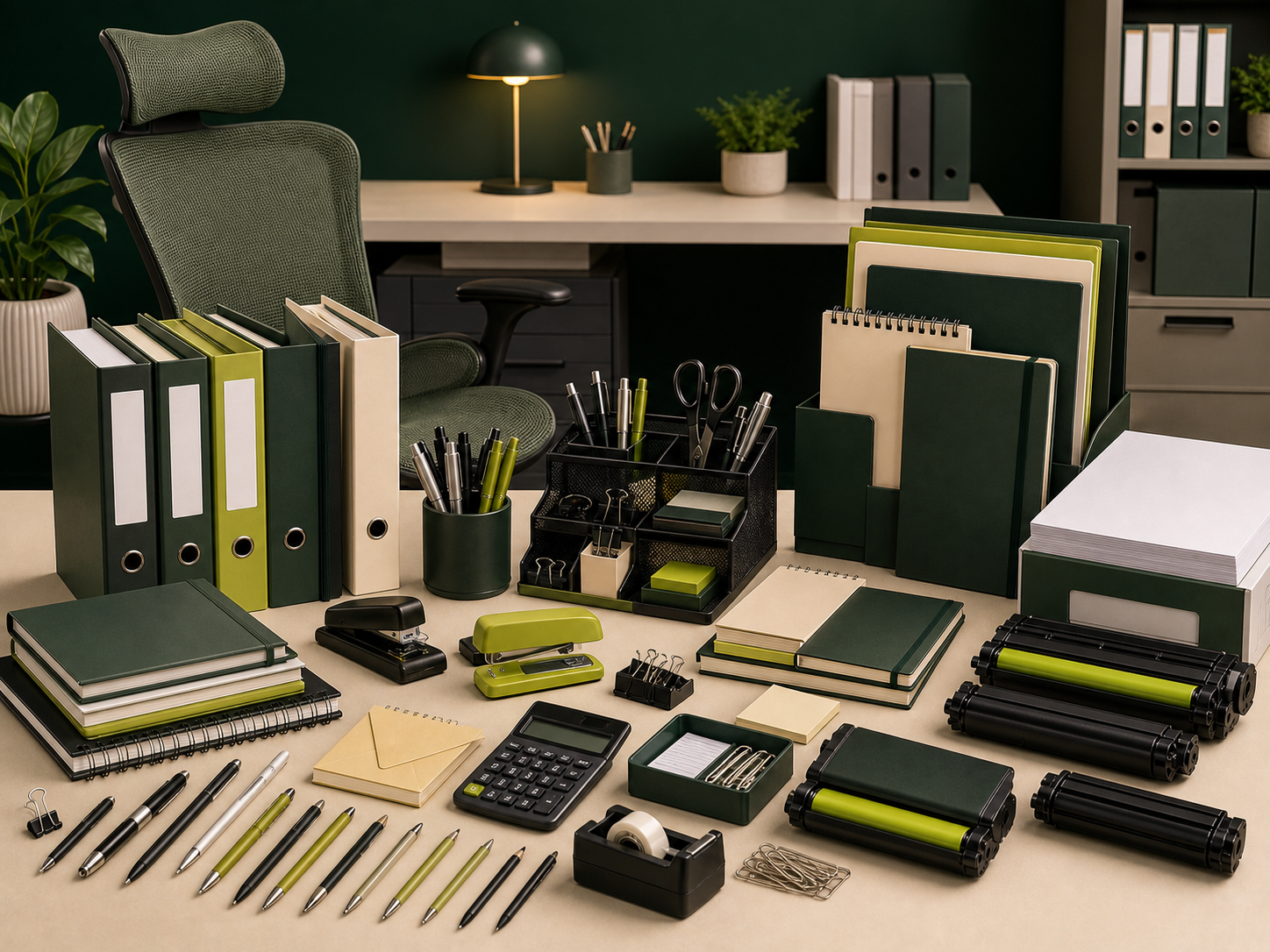 Classeur, stylos, chaise, bureau et fournitures professionnelles
