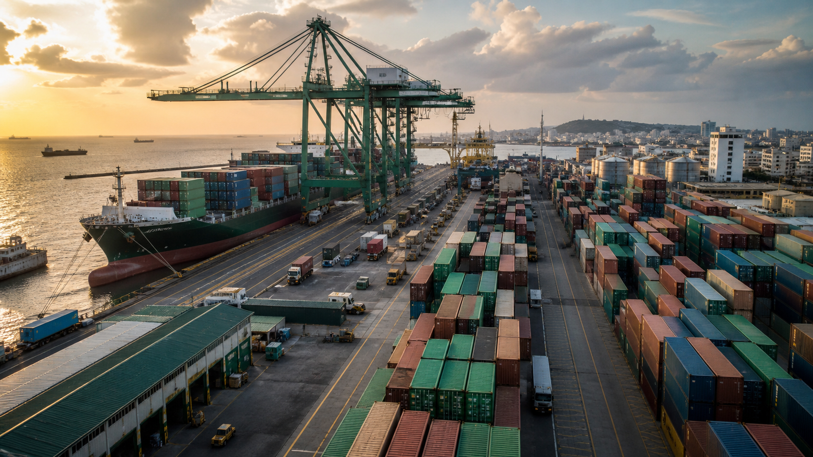 Port commercial, navire et conteneurs pour les opérations d'import-export